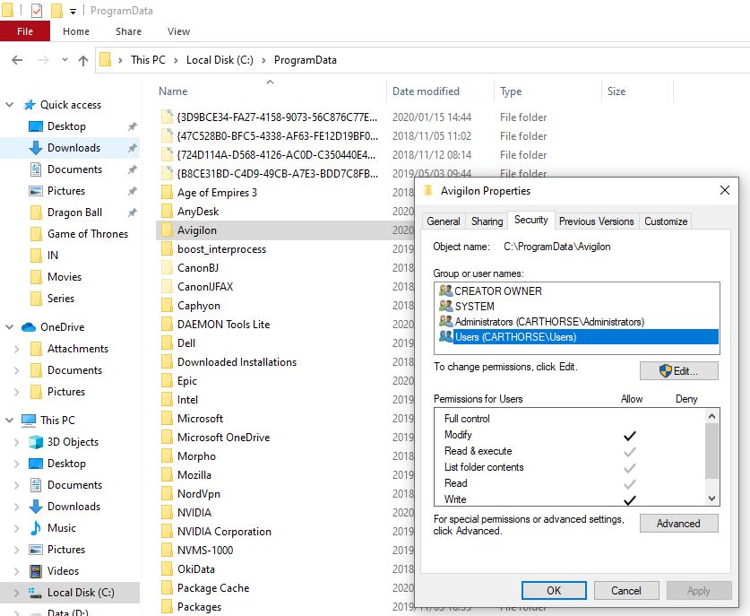 Users need Full control of the Avigilon folder
