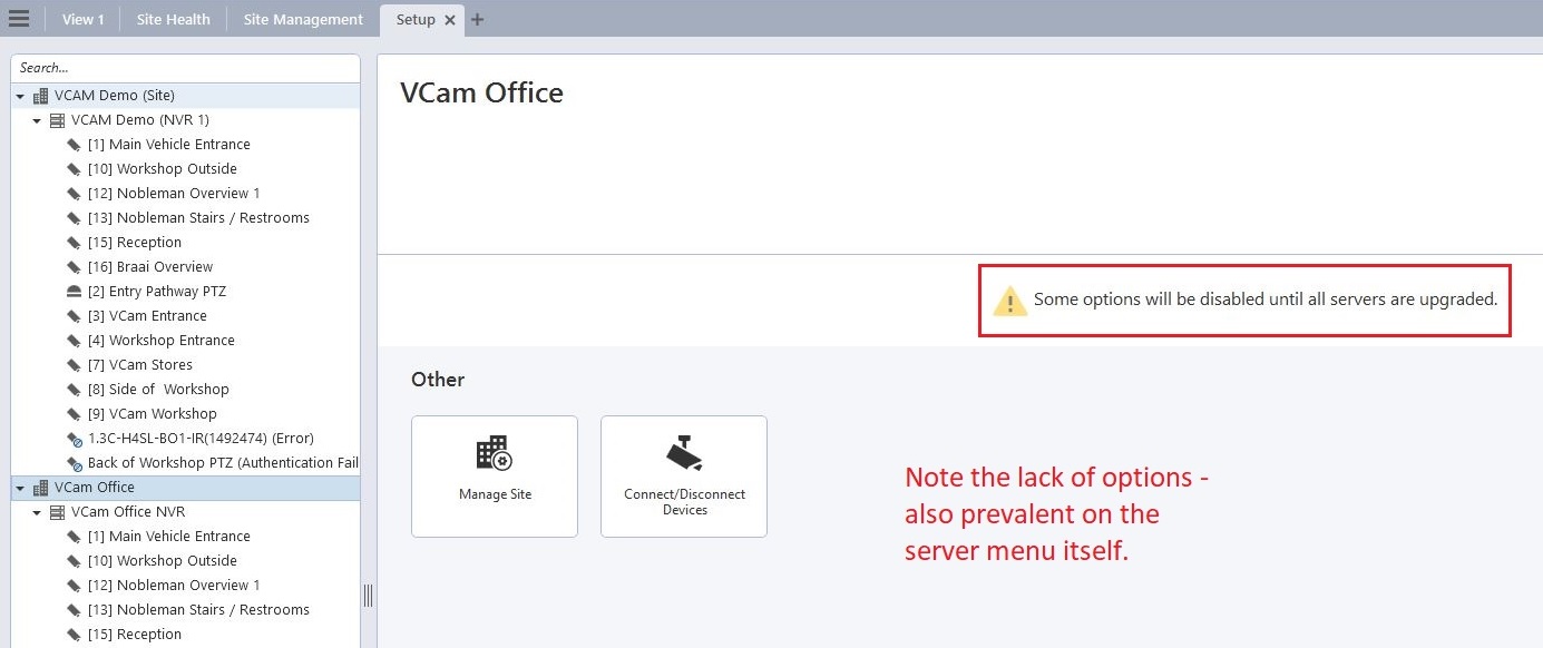 Site Setup with options missing and the warning at the top