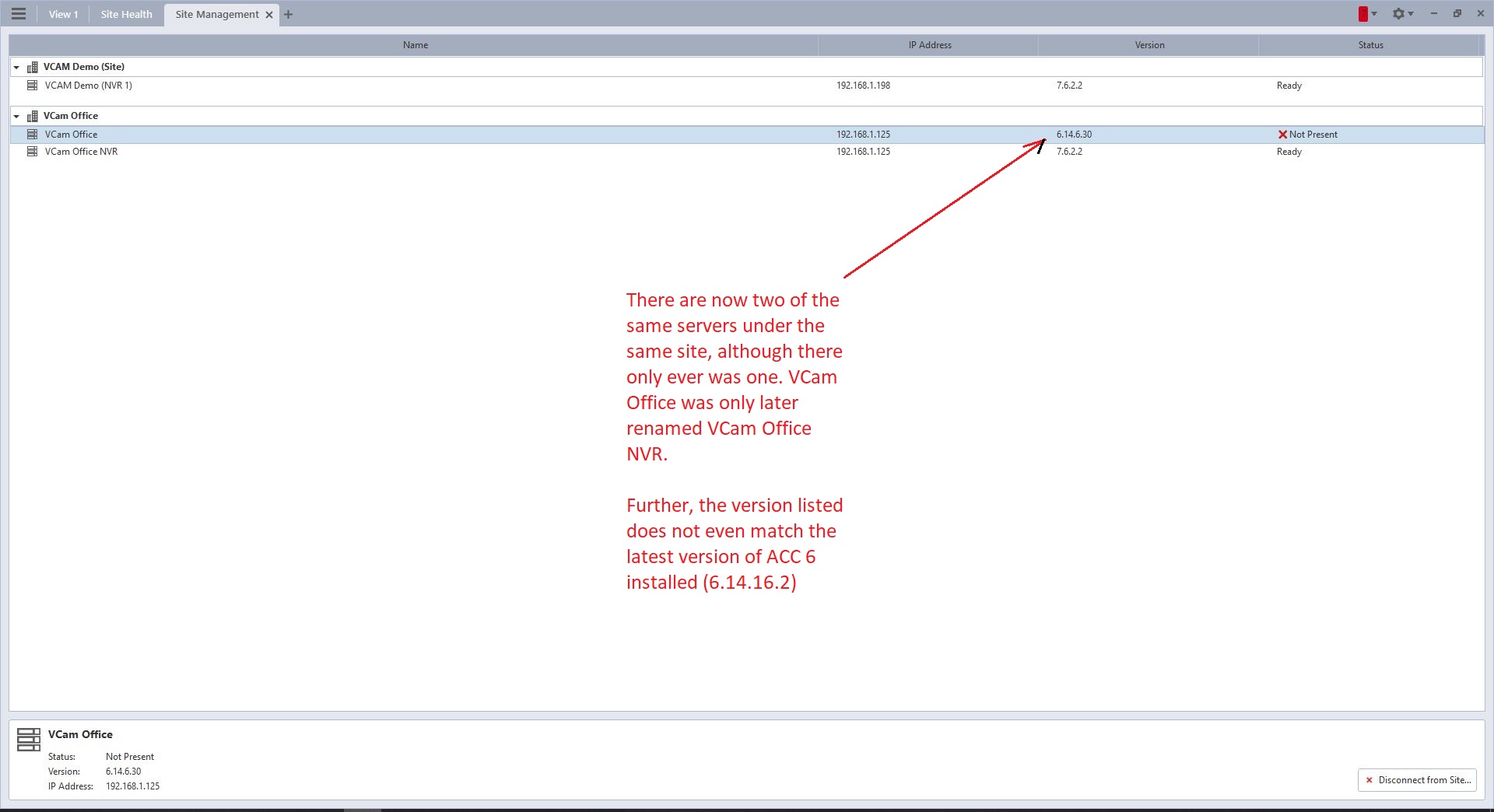 Two servers in the same site, one on a version that was never installed